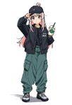  1girl baseball_cap black_cardigan black_headwear black_shirt brown_eyes cardigan closed_mouth cup disposable_cup full_body grey_hair hand_on_headwear hat highres holding holding_cup long_hair long_sleeves looking_at_viewer onii-chan_wa_oshimai! oyama_mahiro pants pink_hair sadamoto_hokuto shirt shoes simple_background sneakers solo standing white_background 