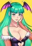  1girl absurdres black_leotard blunt_bangs clothing_cutout green_eyes green_hair head_wings heart_cutout highres leotard long_hair looking_at_viewer morrigan_aensland purple_nails smile solo strapless strapless_leotard sweeva upper_body vampire_(game) wings yellow_background 