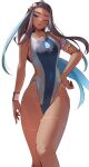  1girl aqua_hair armlet black_hair blue_eyes blue_one-piece_swimsuit competition_swimsuit covered_navel dark-skinned_female dark_skin dynamax_band earrings groin hair_bun hand_on_own_hip highleg highleg_swimsuit highres hoop_earrings jewelry long_hair looking_at_viewer momdy_(talesshinja) multicolored_clothes multicolored_hair multicolored_swimsuit necklace nessa_(pokemon) one-piece_swimsuit one_eye_closed open_mouth orange_one-piece_swimsuit pokemon pokemon_swsh single_hair_bun solo swimsuit thighlet two-tone_hair white_background white_one-piece_swimsuit 