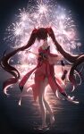  1girl absurdres bare_shoulders barefoot bow brown_hair dress fireworks floating_hair foot_up from_behind full_body gradient_hair hair_bow highres holding_fireworks holding_shoe honkai:_star_rail honkai_(series) horizon long_hair multicolored_hair night obi outdoors red_bow red_dress red_hair ripples sash short_dress sleeveless sleeveless_dress soles solo sparkle_(honkai:_star_rail) sparkler twintails usagi_(786113654) very_long_hair water 