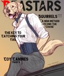 anthro beastars bird_dog bow_tie breath canid canine canis clothing corset_suit domestic_dog english_text fluffy hunting_dog jack_(beastars) labrador magazine male mammal panting photo_shoot pose retriever shaded solo suit tail teeth_showing text thefloofdragon tongue tongue_out