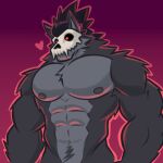 1:1 abs absurd_res anthro areola biceps black_body black_fur black_hair fur grey_areola grey_body grey_ears grey_fur grey_inner_ear hair heart_symbol hi_res mako_(pumpking_wolf) male male_anthro mask mask_only multicolored_body multicolored_fur muscular muscular_anthro muscular_male nude nude_anthro nude_male outline pecs pink_outline ponytila prick_ears pumpking_wolf purple_background red_eyes simple_background skull_mask solo two_tone_body two_tone_fur white_mask