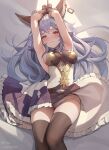  1girl absurdres animal_ear_fluff animal_ears armpits arms_up artist_name black_thighhighs blue_hair blush bound bound_wrists breasts brown_eyes brown_gloves closed_mouth clothes_lift commentary crossed_bangs dress dress_lift erune feet_out_of_frame ferry_(granblue_fantasy) frilled_dress frills gloves granblue_fantasy grey_hair hair_between_eyes hair_spread_out highres long_hair looking_at_viewer lying medium_breasts nose_blush on_back panties pantyshot restrained risa_(pixiv23908854) sideboob skindentation sleeveless sleeveless_dress solo thighhighs thighs twitter_username underwear wavy_hair white_panties 