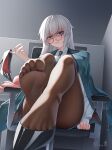  1girl absurdres artist_name blue_eyes chair collared_shirt commission disgust feet foot_focus foreshortening girls&#039;_frontline glasses gradient_hair highres holding holding_shoes indoors jacket jacket_on_shoulders long_hair looking_at_viewer lwmmg_(girls&#039;_frontline) mimuxiao multicolored_hair necktie office_chair pantyhose pixiv_commission shaded_face shirt shoes single_shoe sitting soles solo swivel_chair thighs toenails toes two-tone_hair unworn_shoes white_hair 