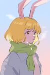  1girl animal_ears blonde_hair carrot_(one_piece) gradient_background green_scarf looking_ahead one_piece rabbit_ears rabbit_girl raine_(acke2445) scarf short_hair smoke solo 