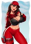  1girl artist_name baseball_cap black_bra black_gloves bra breasts brown_eyes brown_hair camouflage camouflage_hoodie clothes_lift fingerless_gloves fortnite gloves hat highres hood hoodie hoodie_lift large_breasts long_hair looking_at_viewer magaska19 navel one_eye_closed pants red_headwear red_hoodie red_lips red_pants ruby_(fortnite) solo thigh_strap underwear 