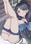  1girl aris_(blue_archive) ass bare_legs black_hair black_shirt blue_archive blue_eyes blue_jacket blush bra closed_mouth clothes_lift clothes_pull commentary commission green_halo halo jacket kneepits kusugi_tai legs legs_up light_blush long_hair long_sleeves looking_at_viewer lying on_back open_clothes open_jacket panties pants pants_pull panty_pull shirt shirt_lift short_shorts shorts skeb_commission smile solo thighs underwear very_long_hair white_bra white_panties 