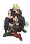  1boy 1girl black_gloves black_skirt black_thighhighs blonde_hair blue_pants brown_hair cloud_strife couple crop_top final_fantasy final_fantasy_vii final_fantasy_vii_remake gloves hetero kiss kissing_cheek kneeling long_hair muscular muscular_male pants pudelmudel red_eyes red_footwear shirt simple_background sitting skirt sleeveless sleeveless_shirt spiked_hair tank_top thighhighs tifa_lockhart turtleneck white_background white_shirt 