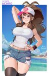  1girl achromaru arm_behind_head baseball_cap black_thighhighs blue_eyes blue_sky border breasts brown_hair cloud denim denim_shorts english_commentary hand_on_own_hip hat high_ponytail highres hilda_(pokemon) large_breasts long_hair looking_at_viewer midriff ocean outdoors outside_border paid_reward_available parted_lips patreon_username pokemon pokemon_bw ponytail shirt shorts signature sky sleeveless sleeveless_shirt smile solo thighhighs white_border white_shirt wristband 