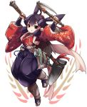  1girl brown_eyes commentary_request full_body highres holding holding_weapon japanese_clothes karukan_(monjya) looking_at_viewer purple_hair sakuna-hime short_hair silver_hair solo tensui_no_sakuna-hime weapon white_background wide_sleeves 
