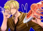  1boy ajtm007 blonde_hair blue_background cigarette collared_shirt commentary curly_eyebrows hair_over_one_eye heart holding holding_cigarette holding_plate male_focus necktie one_piece plate sanji_(one_piece) shirt short_hair simple_background sleeves_rolled_up smoke solo striped_clothes striped_shirt upper_body vertical-striped_clothes vertical-striped_shirt 