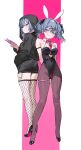  2girls :d absurdres animal_ears arms_behind_back black_hoodie black_leotard black_pantyhose black_ribbon blue_eyes blue_hair blush breasts cellphone dual_persona fake_animal_ears fishnet_thighhighs fishnets full_body grin hair_between_eyes hair_ornament hair_ribbon hatsune_miku head_tilt highleg highleg_leotard highres holding holding_phone hood hood_up hoodie large_breasts legs_together leotard looking_at_viewer mo:oku multicolored_hair multiple_girls no_pants open_mouth pantyhose phone pink_background pink_hair pink_pupils rabbit_ears rabbit_hole_(vocaloid) ribbon short_twintails smartphone smile teardrop_facial_mark teeth thigh_strap thighhighs thighs twintails two-tone_background two-tone_hair vocaloid white_background x_hair_ornament 