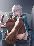  1girl absurdres artist_name blue_eyes chair collared_shirt commission disgust feet foot_focus foreshortening girls&#039;_frontline glasses gradient_hair highres holding holding_shoes indoors jacket jacket_on_shoulders long_hair looking_at_viewer lwmmg_(girls&#039;_frontline) mimuxiao multicolored_hair necktie no_shoes office_chair pixiv_commission shaded_face shirt shoes sitting soles solo swivel_chair thighhighs thighs toenails toes two-tone_hair unworn_shoes white_hair 