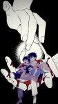  1girl 2boys absurdres aubrey_(headspace)_(omori) aubrey_(omori) ayum_k black_background blue_hair blue_shorts bow carrying carrying_person closed_eyes commentary dress hair_bow hand_focus hand_on_another&#039;s_shoulder hero_(headspace)_(omori) hero_(omori) highres hugging_object in_palm jam kel_(headspace)_(omori) kel_(omori) limited_palette lying lying_on_person multiple_boys omori on_back on_side open_mouth out_of_frame pajamas pink_dress short_hair shorts simple_background size_difference sleeping smearing white_pajamas 