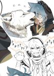  1boy aa2mee ahoge animal_ears animal_hands bone_necklace clenched_teeth genshin_impact gloves grey_hair hand_up highres hood licking male_focus open_mouth paw_gloves razor_(genshin_impact) red_eyes scar scar_on_face simple_background sketch solo teeth upper_body white_background wolf wolf_ears 