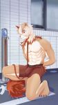 2024 abs anthro arknights athletic athletic_anthro athletic_male bdsm bulge canid canine canis clothed clothing collar domestic_dog fur hair hi_res horn hung_(arknights) hypergryph kneeling leash leashed_collar long_hair looking_at_viewer male mammal okaruto_2338 orange_hair orange_horn orange_tail solo studio_montagne tail tan_body tan_fur underwear underwear_only white_body white_fur white_hair yellow_eyes