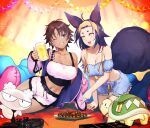  2girls absurdres ahoge animal_ears beer_mug black_nails bon_(vtuber) bow breasts brown_hair cleavage collarbone controller cup dark-skinned_female dark_skin food fox_ears fox_girl fox_tail game_controller grey_eyes highres holding holding_cup indie_virtual_youtuber jacket mae_hayami midriff mstm mug multicolored_hair multiple_girls navel one_eye_closed open_clothes open_jacket open_mouth pillow pink_bow pink_hair pink_jacket plate purple_hair second-party_source short_hair sleepwear smile streaked_hair tail takoyaki toothpick turtle virtual_youtuber yellow_eyes 