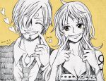  1boy 1girl ^_^ bikini bikini_top_only cigarette close-up closed_eyes collared_shirt commentary_request curly_eyebrows dated earrings facial_hair goatee hair_over_one_eye hanakotoba28 heart highres jacket jewelry long_hair mustache_stubble nami_(one_piece) necktie one_piece sanji_(one_piece) shirt short_hair simple_background smile stubble swimsuit yellow_background 