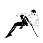  1boy boots chengongzi123 full_body golden_kamuy greyscale hand_up highres invisible_chair jacket koito_otonoshin looking_to_the_side male_focus military_uniform monochrome pants sheath sheathed short_hair simple_background sitting sword uniform very_short_hair weapon white_background 