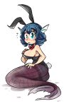  1girl absurdres animal_ears aqua_eyes areola_slip bare_shoulders black_leotard blue_hair blush bow bowtie breasts commentary detached_collar drill_hair drill_sidelocks english_commentary fake_animal_ears fins fishnet_pantyhose fishnets flying_sweatdrops from_side full_body head_fins highres large_breasts leotard looking_at_viewer lying mermaid monster_girl on_floor on_side pantyhose parted_lips peargor playboy_bunny puddle rabbit_ears rabbit_tail red_bow red_bowtie short_hair sideboob sidelocks simple_background solo tail touhou wakasagihime white_background 