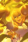  1boy 1girl alternate_costume animal_ears apple black_hairband blonde_hair blue_eyes blurry body_markings caenis_(fate) dark-skinned_female dark_skin depth_of_field eating echo_(circa) fate/grand_order fate_(series) food foreshortening frilled_sleeves frills fruit gloves gold_trim golden_apple hair_between_eyes hair_intakes hairband hand_up happy holding holding_food holding_fruit horse_ears jacket kirschtaria_wodime leaf light_blush long_hair long_sleeves looking_at_food open_mouth outdoors popped_collar sleeve_cuffs smile studded_jacket teeth upper_body upper_teeth_only white_gloves white_hair white_jacket yellow_theme 