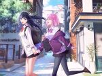 2girls 3d_background :d ^_^ absurdres backpack bag black_bag black_hair black_pantyhose black_skirt blue_eyes bow bowtie breasts building cardigan cityscape closed_eyes commentary couple day english_commentary floating_hair gridman_universe highres holding_hands jacket jovei long_hair long_sleeves looking_at_another lower_teeth_only medium_breasts multiple_girls off_shoulder open_mouth outdoors pantyhose partially_unzipped pink_bow pink_bowtie pink_hair plant pleated_skirt potted_plant purple_jacket red_bow red_bowtie school_bag shinjou_akane shoulder_bag skirt sleeves_past_wrists smile ssss.gridman sunlight takarada_rikka teeth tree upper_teeth_only white_cardigan yuri zipper_pull_tab 
