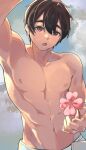  1boy abs absurdres aijou_rentarou black_hair brown_eyes cloud cloudy_sky clover collarbone cowboy_shot four-leaf_clover highres holding holding_plant hornfelstone kimi_no_koto_ga_dai_dai_dai_dai_daisuki_na_100-nin_no_kanojo navel open_mouth plant pov sky toned toned_male topless_male 