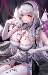  1girl :d absurdres azur_lane blush breasts cleavage cross-shaped_pupils elbow_gloves gloves grey_hair highres huge_breasts kirisamede_gzr large_breasts long_hair looking_at_viewer maid maid_headdress red_eyes scylla_(azur_lane) shirt skirt smile solo symbol-shaped_pupils valentine white_gloves 