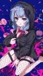  1girl :q black_hoodie black_leotard blue_background blue_eyes blue_hair closed_mouth dot_nose drawstring fishnet_thighhighs fishnets full_body garter_straps hanozuku hatsune_miku hood hood_up hoodie hoodie_pull legs_apart leotard leotard_under_clothes long_hair looking_at_viewer multicolored_hair no_pants paint_splatter pink_hair pink_pupils pulled_by_self rabbit_hole_(vocaloid) simple_background smile solo thighhighs tongue tongue_out two-tone_hair vocaloid 