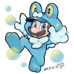  1boy animal_costume animal_hood big_nose blue_eyes blue_hood blue_jumpsuit brown_hair bubble cosplay dated facial_hair froakie froakie_(cosplay) frog_costume frog_mario full_body ghost-pepper gloves hood jumpsuit leg_up lowres male_focus mario mario_(series) mustache open_mouth outstretched_arms pokemon short_hair simple_background smile solo white_background white_gloves 