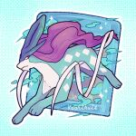  animal_focus artist_name blue_background blue_skin closed_mouth colored_skin commentary lowres no_humans pokemon pokemon_(creature) prehensile_ribbon purple_hair red_eyes sparkle suicune twitter_username vaahlkult 