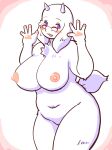 4_fingers anthro big_breasts blue_eyes blush breasts eyewear female fingers glasses hi_res horn kin-shun looking_at_viewer navel nipples open_mouth pawpads solo thick_thighs toriel undertale_(series)