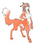  2010 akitokit belly black_nose bottomless brown_hair canid canid_taur canine canine_taur clothed clothing countershading digitigrade female fox fox_taur fur grey_eyes hair hand_on_hip herm_(lore) hi_res long_hair looking_at_viewer mammal mammal_taur navel orange_body orange_fur simple_background skinny solo standing taur white_background white_belly 
