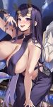  1girl absurdres antlers ass azur_lane black_dress black_hair black_nails blush breasts broken_horn dress golden_hind_(azur_lane) hand_on_own_thigh hand_up highres horns huge_breasts licking_lips lips long_hair looking_at_viewer mirror mole mole_under_mouth open_mouth purple_eyes reindeer_antlers revealing_clothes seductive_smile sketch smile solo stone_(ksorede) suction_cups tentacles tongue tongue_out 