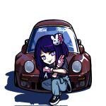  +_+ 1girl black_shirt blue_pants car corrupted_twitter_file duz english_commentary gloves hair_ornament highres holding holding_wrench hoshino_ai_(oshi_no_ko) looking_at_viewer midnight_club_(street_racing) motor_vehicle oshi_no_ko pants pink_gloves porsche_911 porsche_930 purple_eyes purple_hair rabbit_hair_ornament shadow shirt simple_background smile solo sports_car squatting tongue tongue_out white_background wrench 