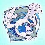  artist_name black_eyes blue_background colored_skin commentary fangs lowres lugia no_humans open_mouth pokemon pokemon_(creature) skin_fangs twitter_username vaahlkult water white_skin wings 