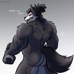 1:1 2021 4_fingers absurd_res anthro artist_name biceps black_ears black_hair black_nose black_tail butt canid canine canis dialogue english_text fingers fist gradient_background grey_background hair hi_res looking_at_viewer looking_back looking_back_at_viewer mako_(pumpking_wolf) male mammal mask mask_only muscular muscular_anthro muscular_male nude nude_anthro nude_male ponytail prick_ears pumpking_wolf question rear_view signature simple_background skull_mask snout solo tail talking_to_viewer text white_background white_mask white_text wolf