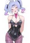  1girl animal_ears armband arms_behind_back ass_visible_through_thighs black_armband black_leotard blue_eyes blue_hair blush border bow bowtie breasts cowboy_shot cutout_above_navel detached_collar fake_animal_ears grey_pantyhose hair_intakes hair_ornament hairband hatsune_miku highres large_breasts leotard looking_at_viewer mitsuru_(pixiv_34028718) necktie open_mouth pantyhose rabbit_ears rabbit_hole_(vocaloid) red_bow red_bowtie red_necktie short_necktie simple_background smile solo teardrop_facial_mark thigh_strap twintails vocaloid white_background white_hairband x_hair_ornament 