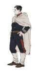  1boy black_eyes black_hair black_jacket black_pants brown_footwear chengongzi123 cloak closed_mouth facial_hair full_body goatee golden_kamuy hands_on_own_hips highres hood hooded_cloak jacket long_sleeves looking_to_the_side male_focus military_uniform ogata_hyakunosuke pants scar scar_on_cheek scar_on_face short_hair simple_background standing uniform very_short_hair white_background 