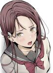  1girl absurdres blush bow bowtie brown_hair collarbone commentary_request grey_sailor_collar highres long_hair looking_at_viewer love_live! love_live!_sunshine!! lower_teeth_only neckerchief open_mouth red_bow red_bowtie red_neckerchief sailor_collar sakurauchi_riko school_uniform solo teeth tommer upper_body uranohoshi_school_uniform white_background winter_uniform yellow_eyes 