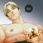  1boy abs bara blonde_hair chainsaw_man cup earrings english_text g00miato gradient_background highres holding holding_cup jewelry kishibe_(chainsaw_man) large_pectorals looking_at_viewer male_focus mature_male muscular muscular_male nipples pectorals scar scar_on_arm scar_on_face scar_on_mouth short_hair simple_background solo topless_male 