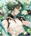  1boy armor eyeshadow flower from_above genshin_impact green_hair highres jewelry lily_(flower) lily_pad looking_at_viewer looking_to_the_side lying makeup male_focus miyumiyu_nu necklace partially_submerged pauldrons pearl_necklace red_eyeshadow shirt short_hair shoulder_armor single_pauldron sleeveless sleeveless_shirt solo upper_body water white_shirt xiao_(genshin_impact) yellow_eyes 
