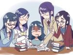  5girls blank_eyes blue_hair book book_stack broken_pencil color_connection crossed_arms dokidoki!_precure dress drooling futari_wa_precure glasses heartcatch_precure! highres hishikawa_rikka hugtto!_precure in-franchise_crossover konsuke0 kurumi_erika l&#039;avenir_academy_school_uniform long_sleeves multiple_girls myoudou_gakuen_high_school_uniform oogai_daiichi_middle_school_uniform opaque_glasses pencil pointing precure purple_dress red-framed_eyewear saliva school_uniform semi-rimless_eyewear studying trait_connection tsukikage_yuri verone_gakuin_school_uniform wavy_hair yakushiji_saaya yukishiro_honoka 