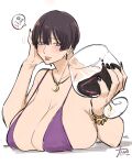  1girl alcohol bikini bikini_top_only black_hair black_nails blue_eyes blush bracelet breast_rest breasts bright_pupils chichi8181 cleavage collarbone crescent crescent_necklace cup drinking_glass earrings gold_bracelet gold_necklace hair_between_eyes hand_on_own_cheek hand_on_own_face highres huge_breasts jewelry mole mole_under_mouth necklace original pink_lips pixie_cut purple_bikini short_hair signature solo speech_bubble spoken_blush swimsuit tsukiyama_touko upper_body white_pupils wine wine_glass 