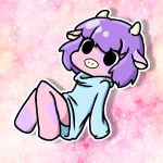  1:1 anthro baggy_clothing bottomless bovid bovine cattle clothed clothing ears_down female floating hair hi_res mammal muffinlewds pink_background pink_body pivoted_ears purple_body purple_hair simple_background solo sparkles spots squishmallow 