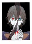  1other androgynous bare_shoulders black_background blood blood_on_hands blue_eyes border brown_hair choker commentary eyelashes hair_between_eyes hand_on_own_neck hashtag_only_commentary heterochromia highres jacket kuzu_suzumi len&#039;en looking_at_viewer no_headwear orange_jacket other_focus purple_scarf red_eyes scarf shirt shizai_tai_1le short_hair simple_background sleeveless sleeveless_jacket solo upper_body white_border white_choker white_shirt 