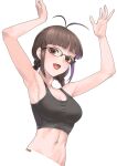  akizuki_ritsuko antenna_hair armpits arms_up artist_name braid breasts brown_hair cleavage collarbone cropped_torso glasses idolmaster looking_at_viewer medium_breasts midriff navel pirata_(gailtonatiu) red_eyes smile sports_bra stomach twin_braids white_background 