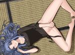  1girl barefoot blue_eyes blue_hair blush bottomless breasts caster covering covering_crotch fate/stay_night fate_(series) highres long_hair looking_at_viewer lying on_back rasupekuto smile solo spread_legs tatami 