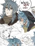  1boy aa2mee ahoge animal_ears bone_necklace from_side genshin_impact grey_hair highres hood looking_up male_focus open_mouth razor_(genshin_impact) red_eyes russian_text scar scar_on_face simple_background sketch solo upper_body white_background wolf wolf_ears 