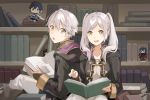  book bookshelf chrom_(fire_emblem) fire_emblem fire_emblem_heroes leaning_on_person library long_hair looking_at_viewer looking_back lucina_(fire_emblem) menoko open_mouth robin_(fire_emblem) robin_(fire_emblem)_(female) robin_(fire_emblem)_(male) sitting twintails white_hair yellow_eyes 